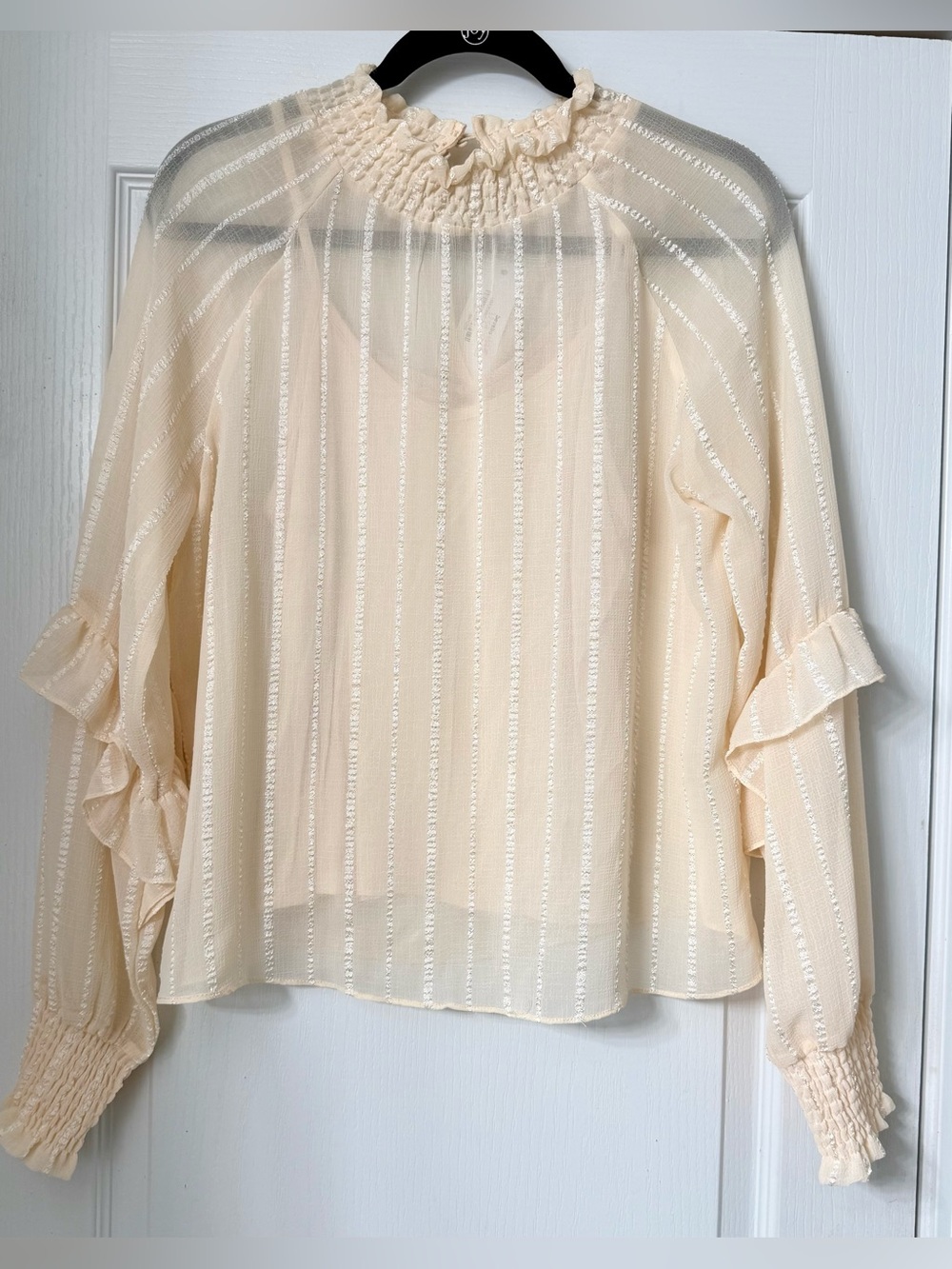 Oxford Sunday Sheer Cream Ruffle-Neck Long Sleeve Blouse